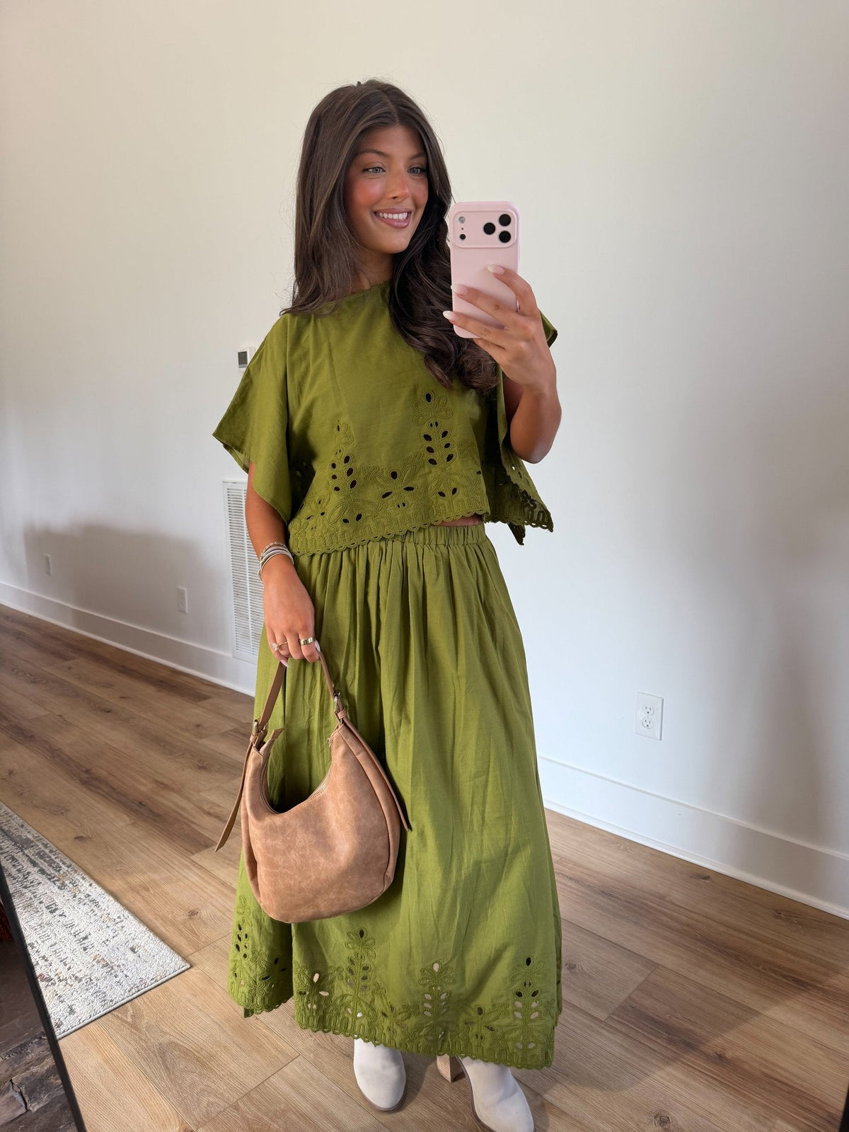 Olive Green Embroidered Maxi Skirt Set