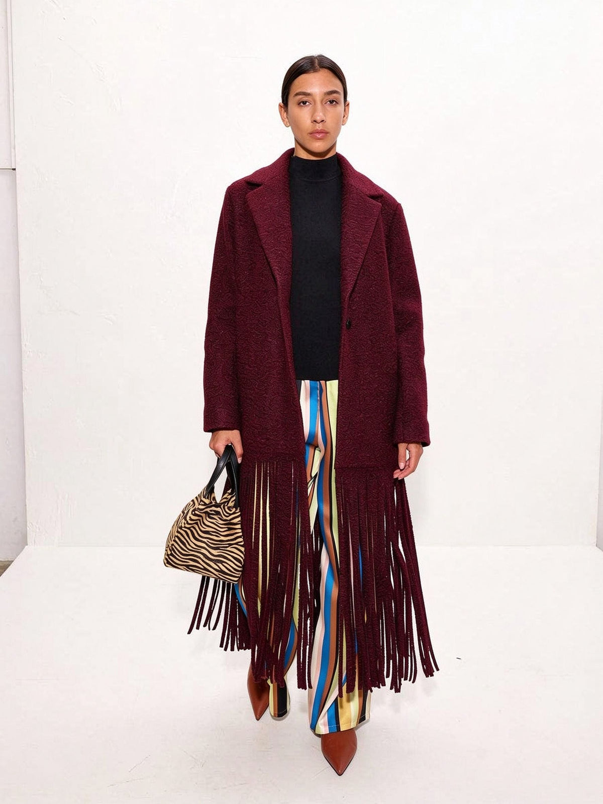 Bordeaux Long Fringe Statement Coat
