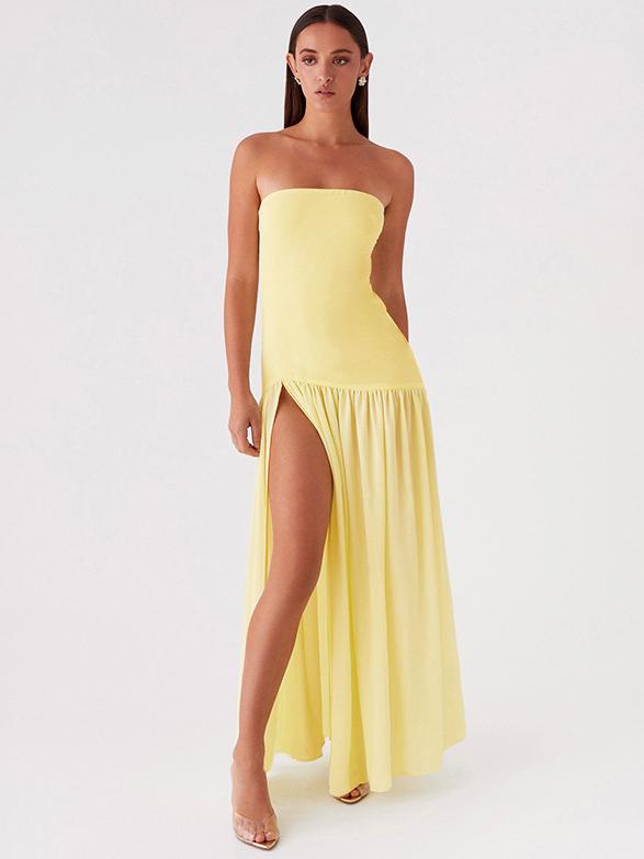 Solid Color Strapless High-Waist Split Hem Panelled Dress