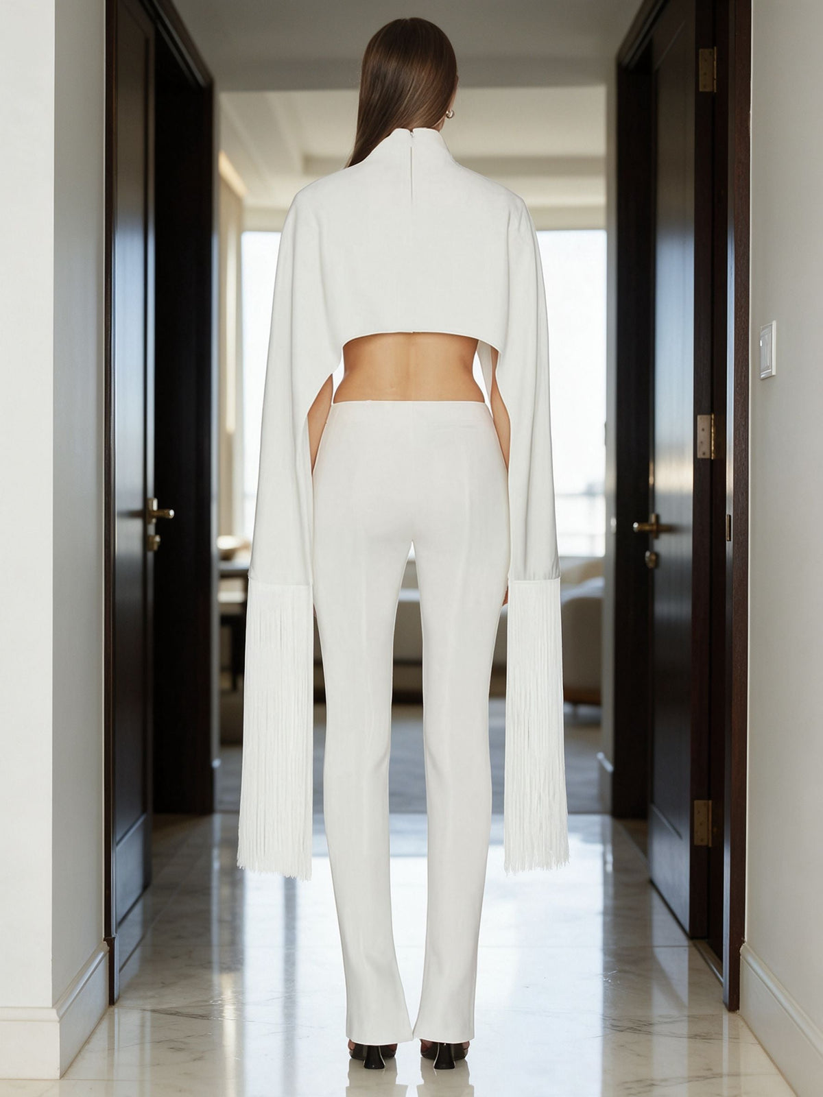 White Fringe Detail Pants Set
