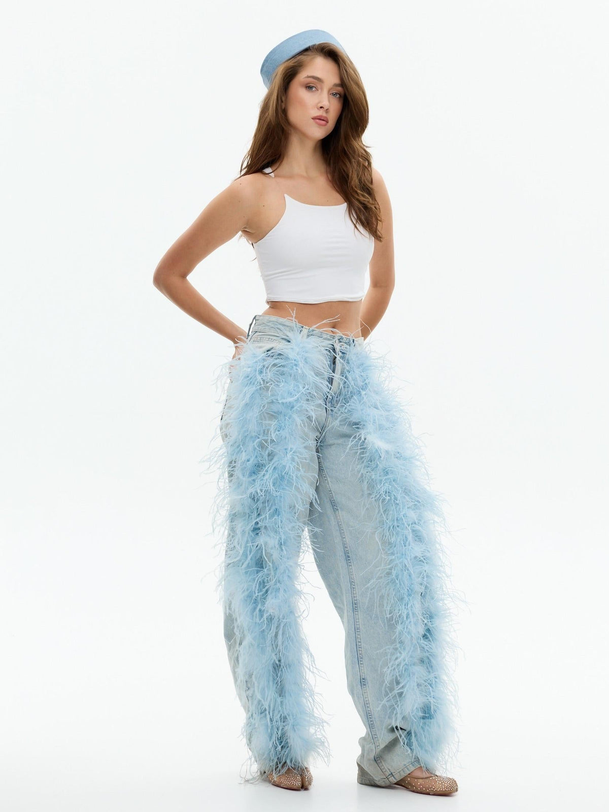 Feather Trim Wide Leg Jeans