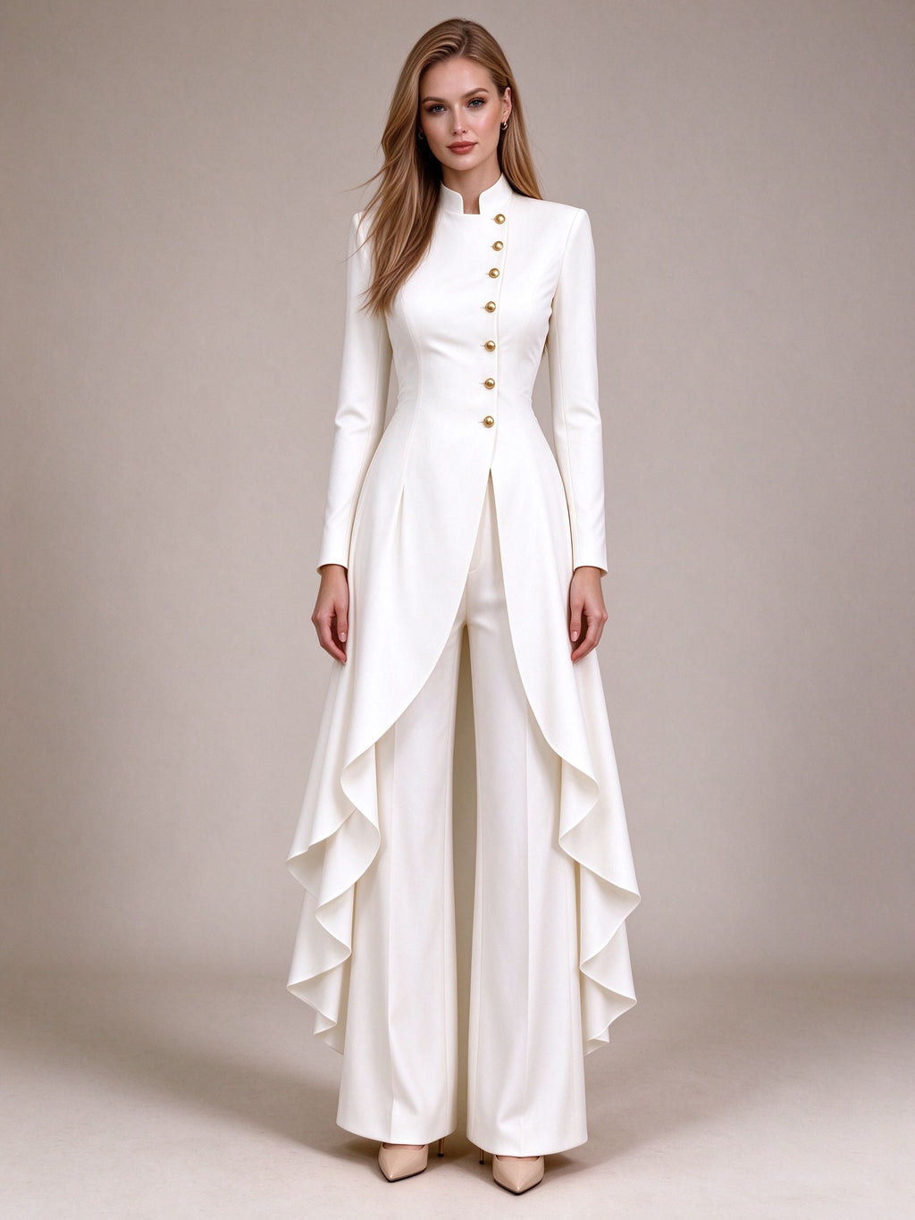 White Mandarin Collar Gold Button Coat Set