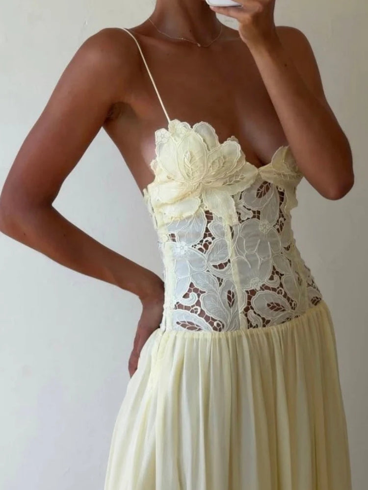 Creamy Yellow Lace Appliqué Chiffon Maxi Dress