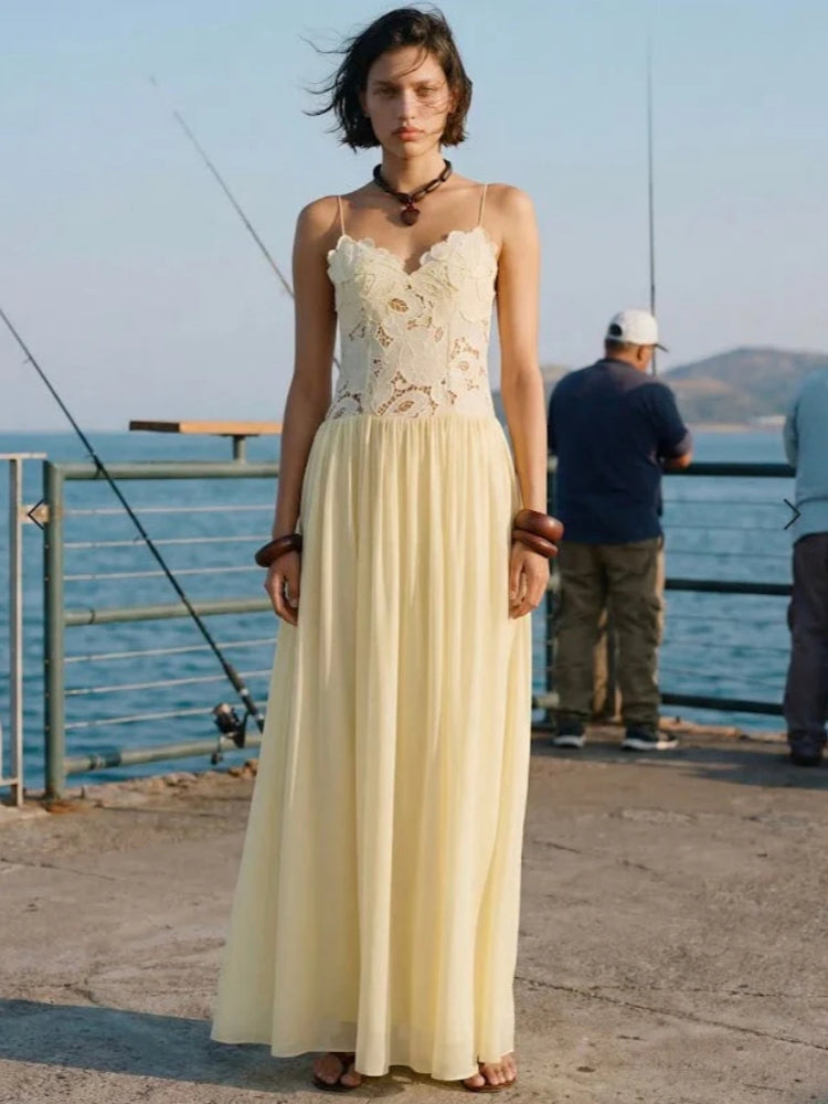 Creamy Yellow Lace Appliqué Chiffon Maxi Dress