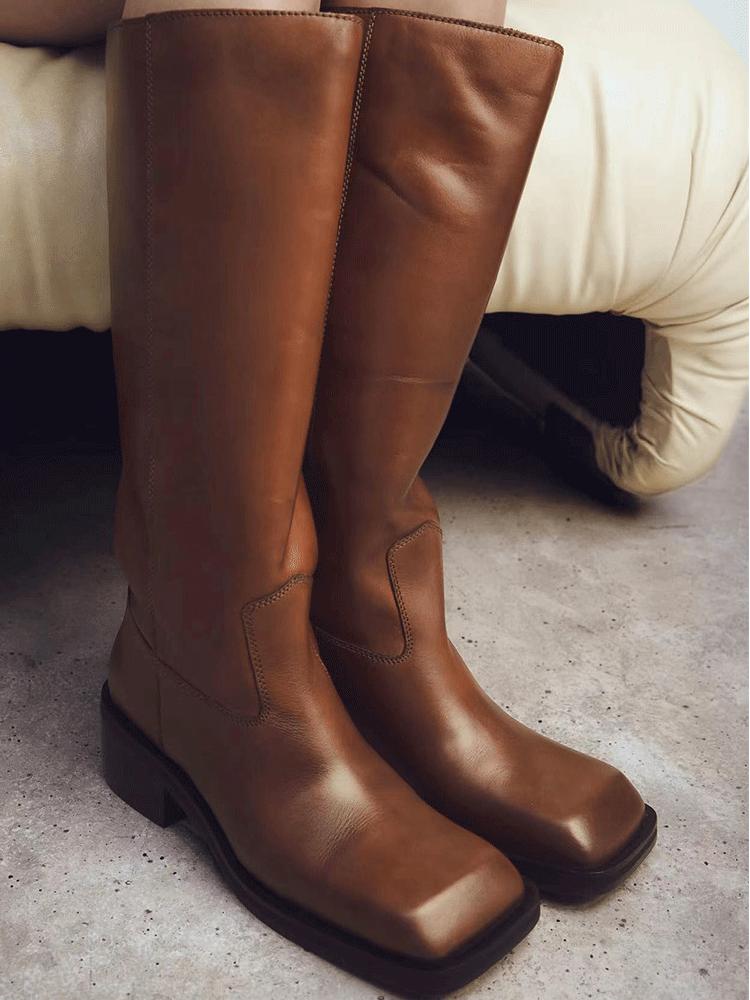 Square toe flat knee boots for women retro thick heel long boots