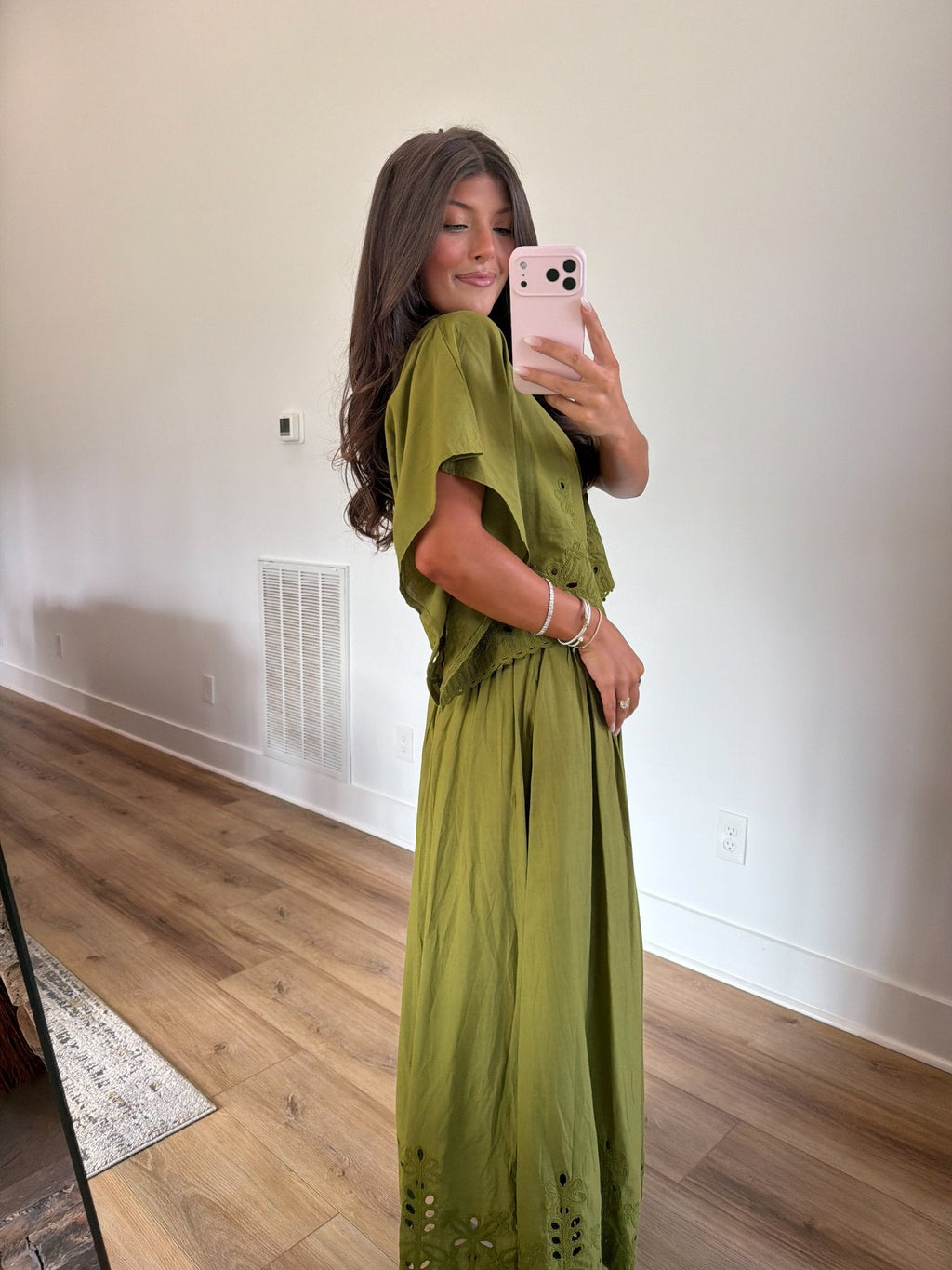 Olive Green Embroidered Maxi Skirt Set