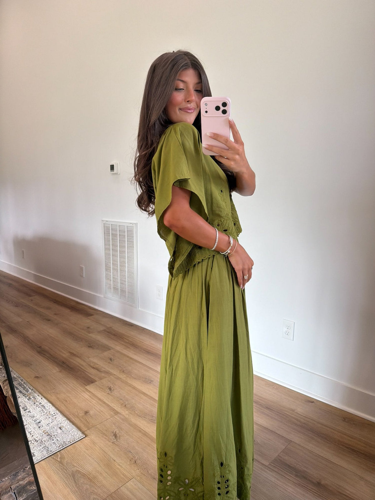 Olive Green Embroidered Maxi Skirt Set