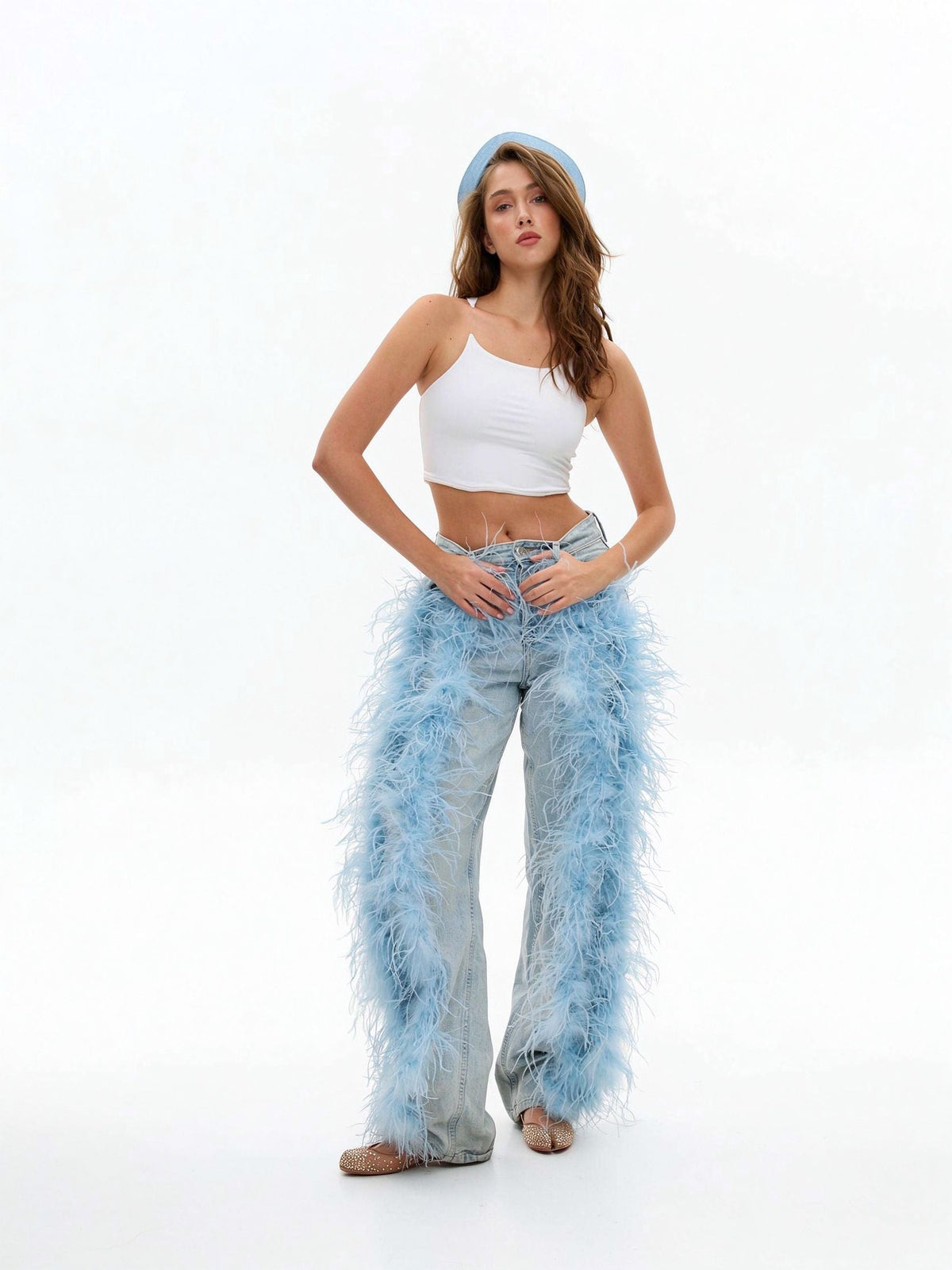 Feather Trim Wide Leg Jeans