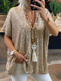Bohemian Casual Loose Pullover Short Sleeve Sequin V-Neck Top