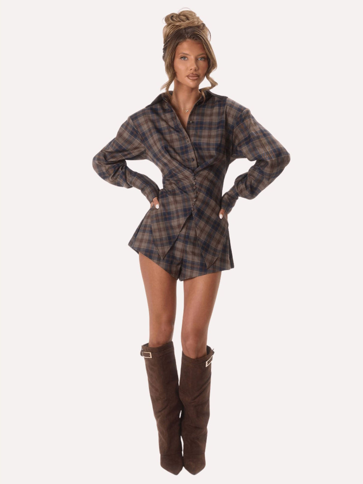 Check Cinch Waist Shorts Set