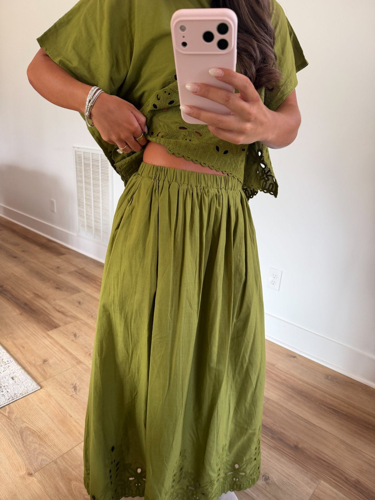 Olive Green Embroidered Maxi Skirt Set