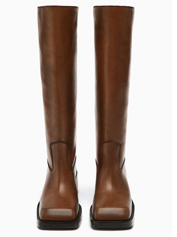 Square toe flat knee boots for women retro thick heel long boots