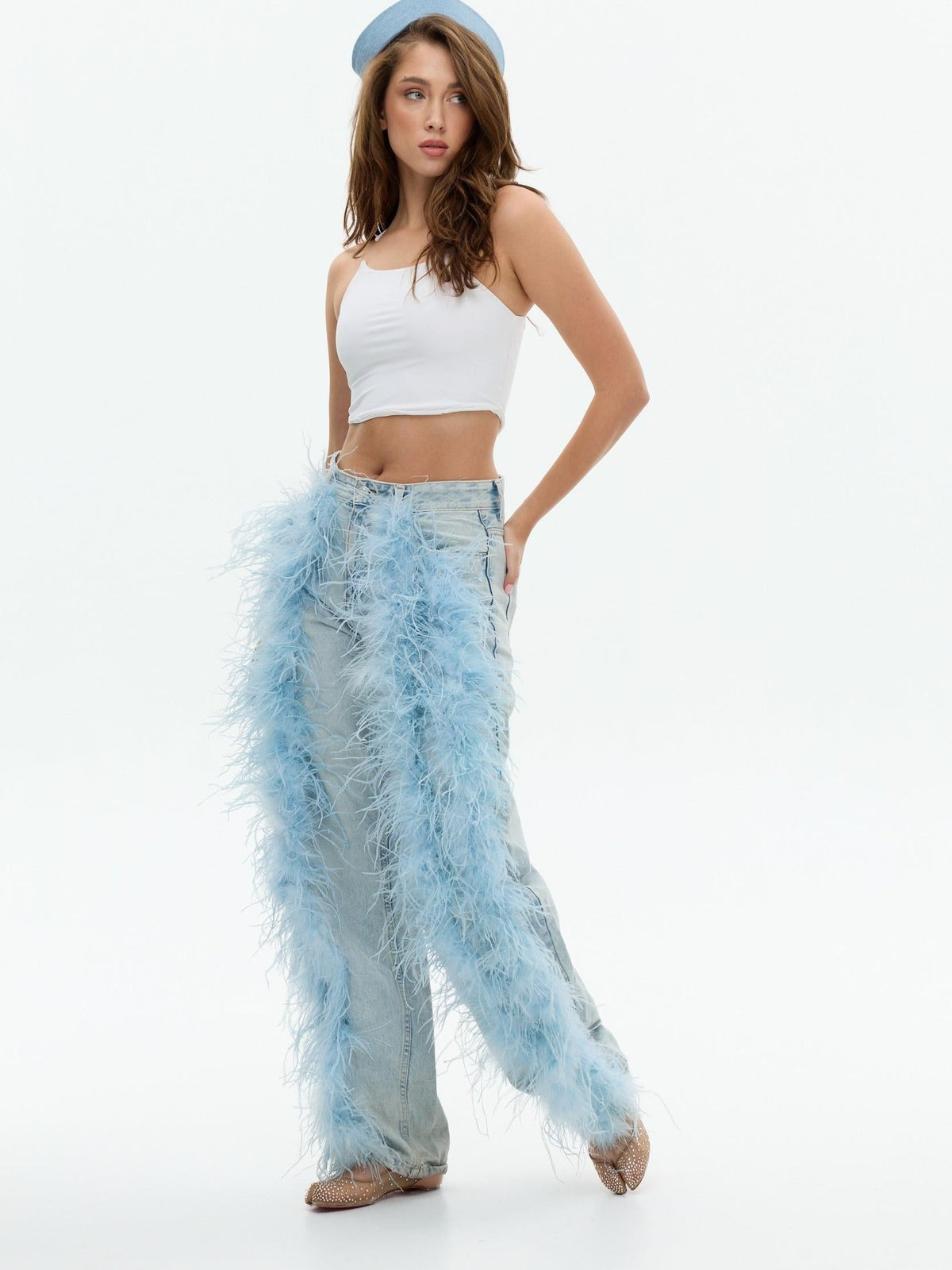 Feather Trim Wide Leg Jeans
