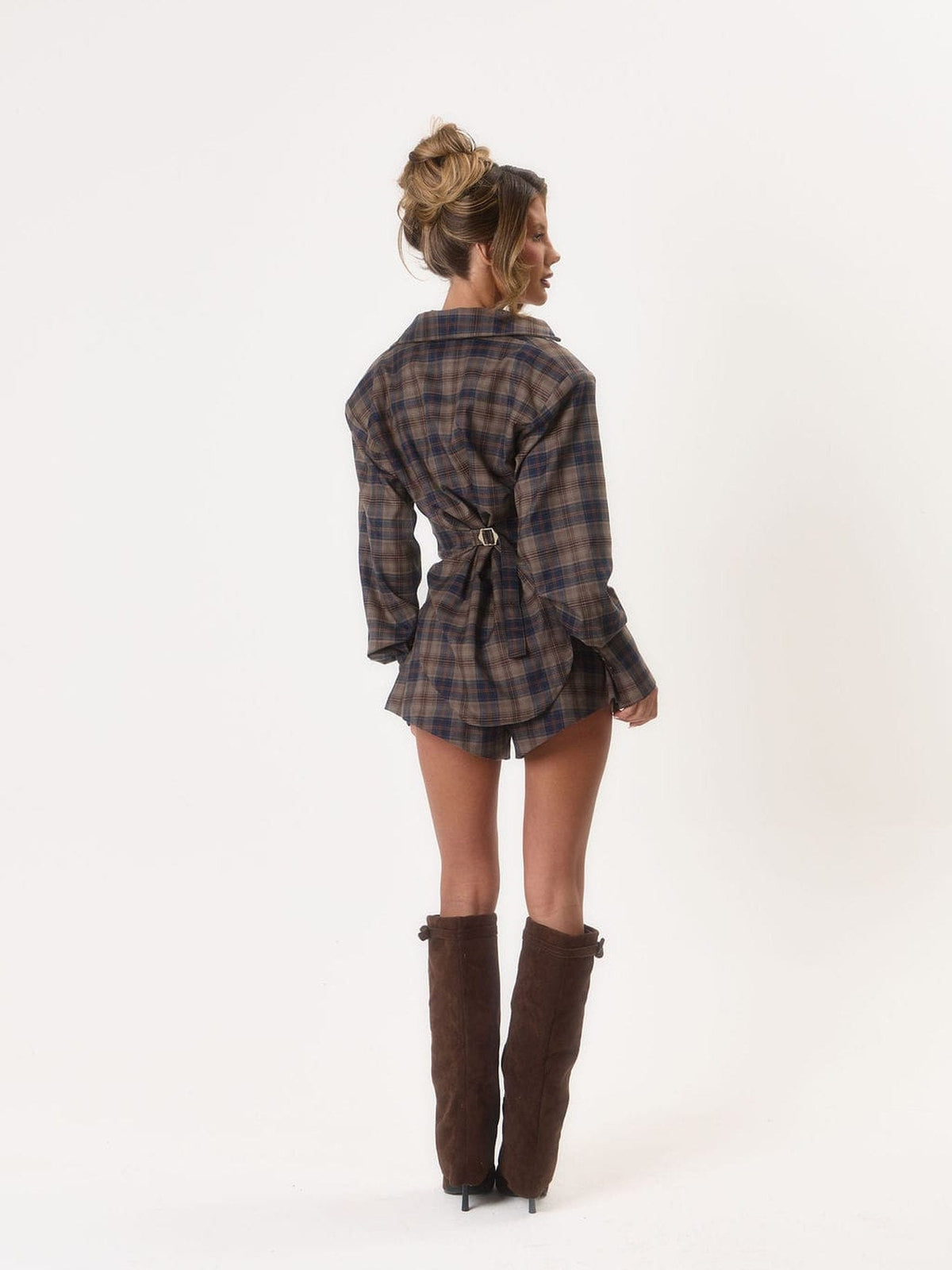 Check Cinch Waist Shorts Set