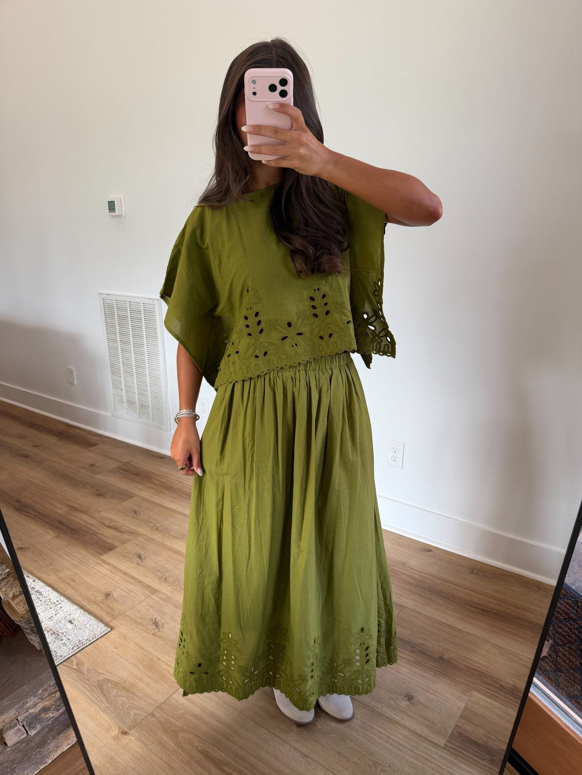 Olive Green Embroidered Maxi Skirt Set