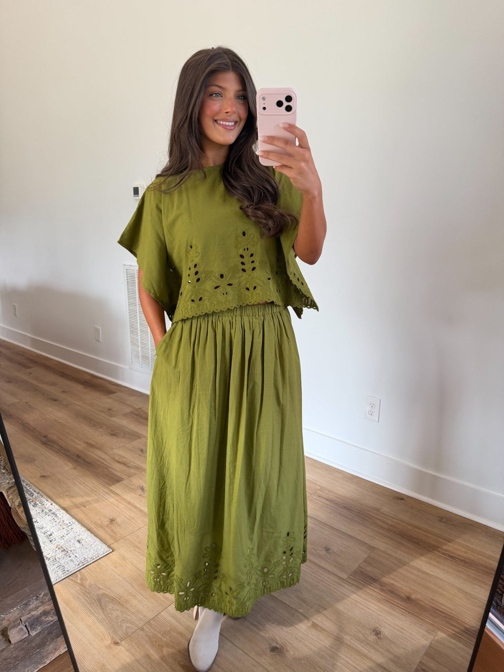 Olive Green Embroidered Maxi Skirt Set
