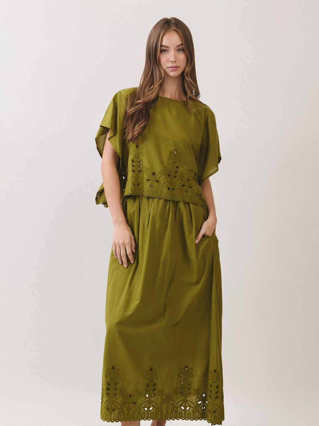 Olive Green Embroidered Maxi Skirt Set