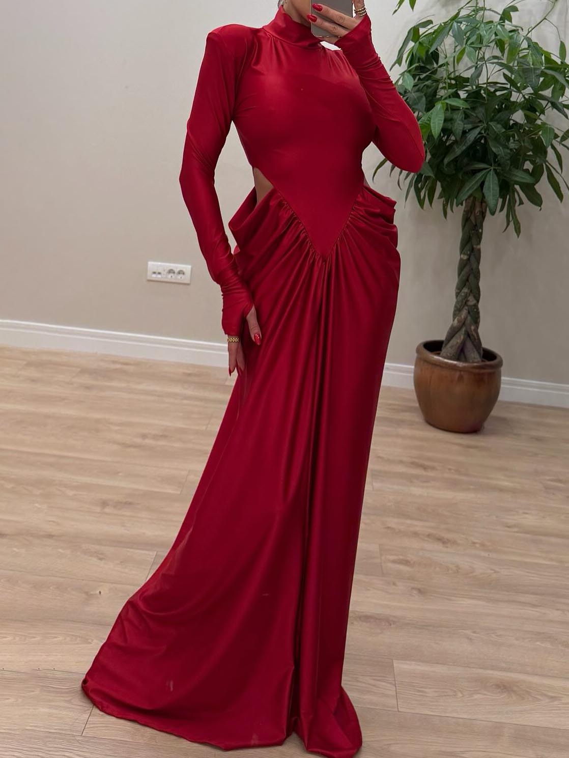 Elegant Hollow High-neck Slim Pleated Maxi Dress