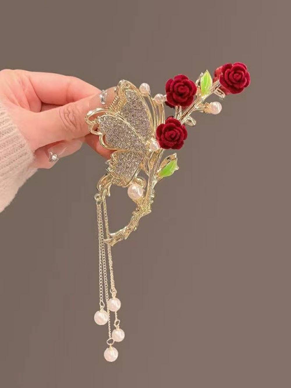 Red Rose Hair Clip with Tassel Shark Clip