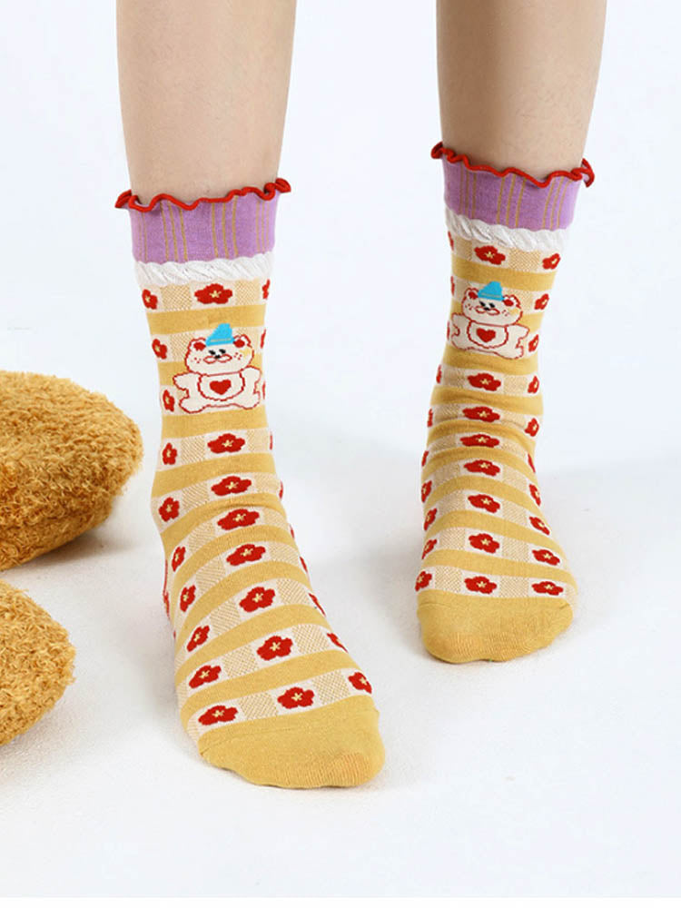 Cartoon Little Red Flower Striped Socks
