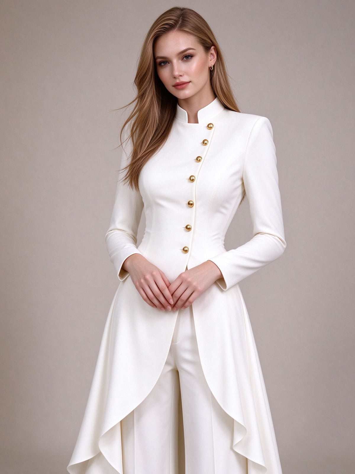 White Mandarin Collar Gold Button Coat Set