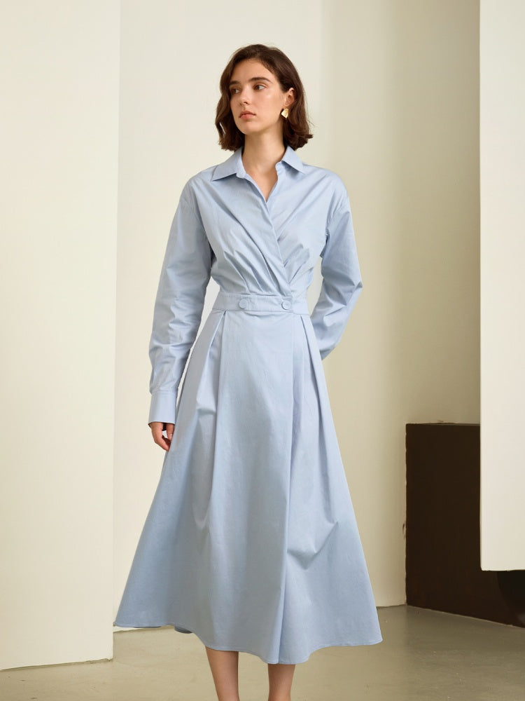 French Blue Belted Shirt Midi Dress