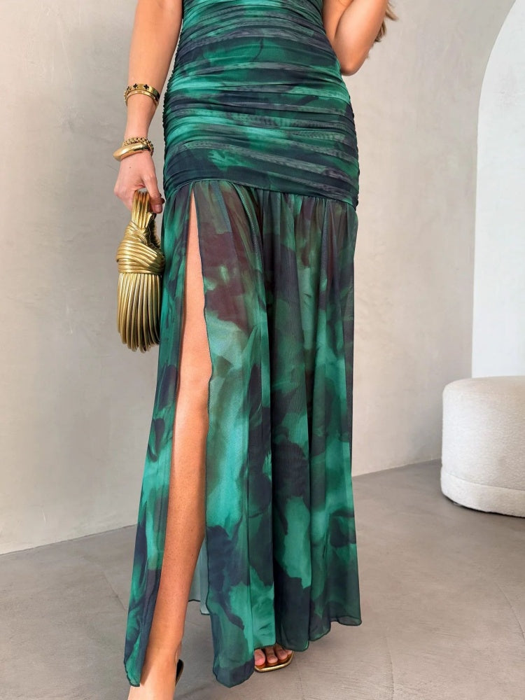Fringed High-Slit Bustier Maxi Dress