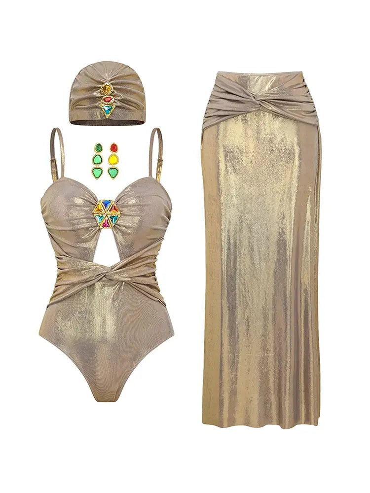 Rhinestone Ruched Shiny One-Piece Swimsuit