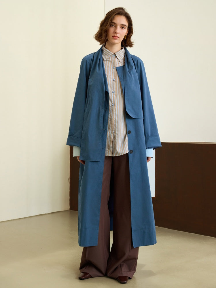 Scarf-Collar Cotton Trench Coat