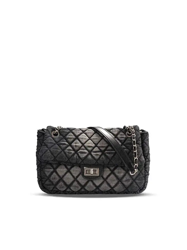 Washed Denim Quilted Chain Shoulder Bag