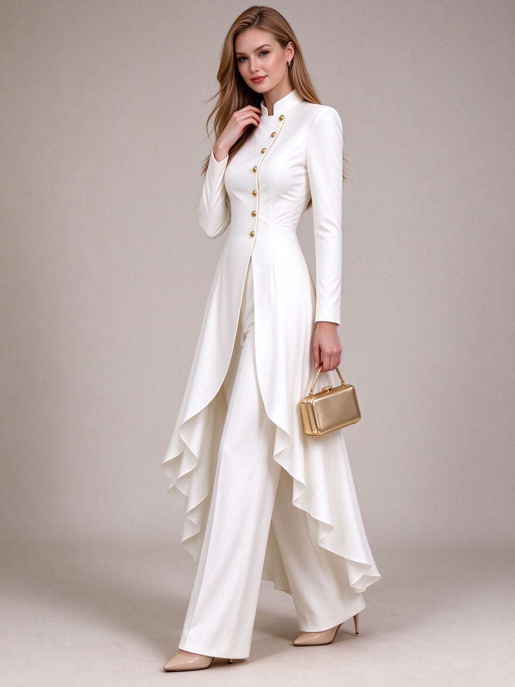 White Mandarin Collar Gold Button Coat Set