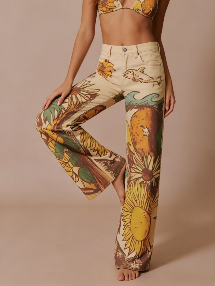 Sunflower Print Mid-Rise Straight Leg Jeans