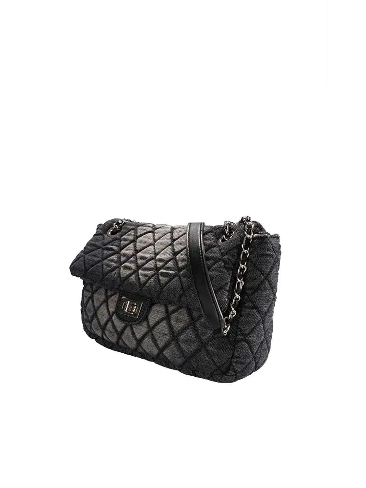 Washed Denim Quilted Chain Crossbody Bag