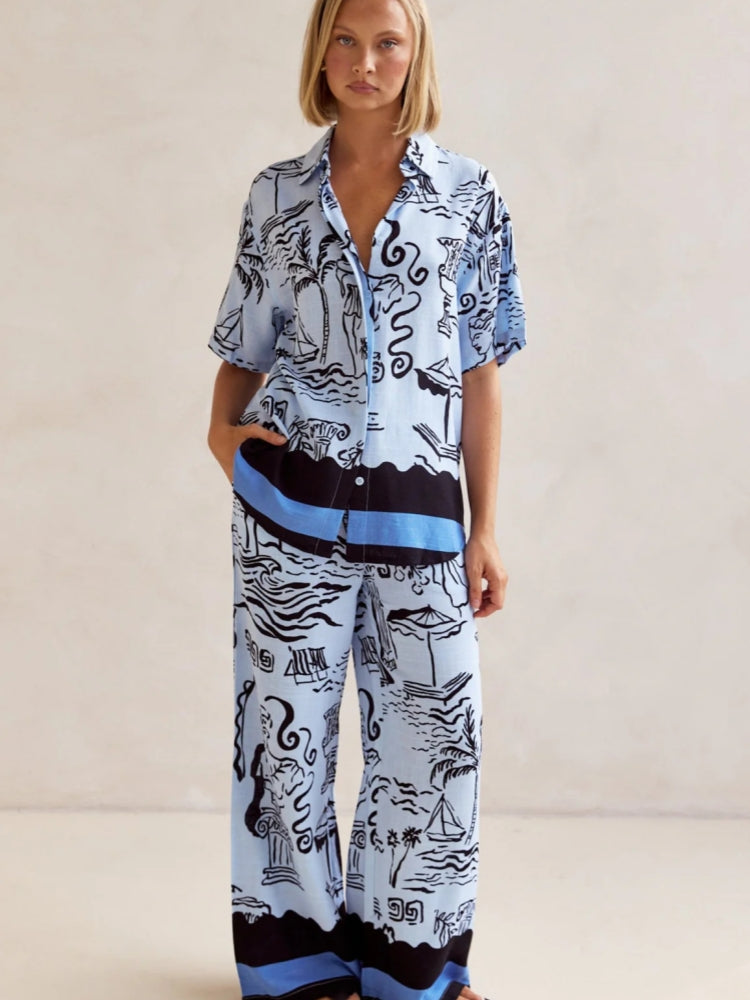 Casual Printed Cardigan Home Set