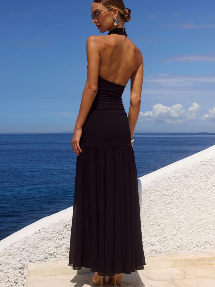 Tulle Hanging  Neck Panel Evening Gown