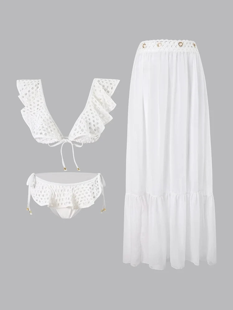 White Fishnet Ruffle Swimsuit Set