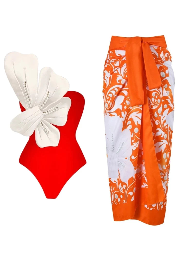Orange Swimsuit Set Pearl Flower Detail