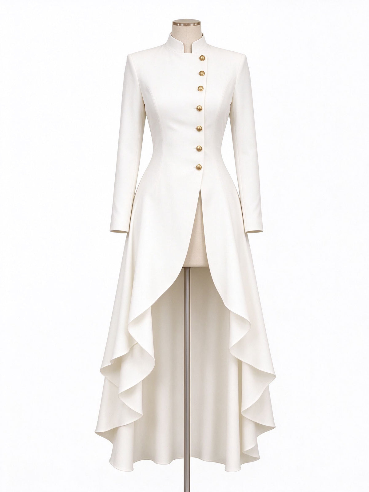 White Mandarin Collar Gold Button Coat Set