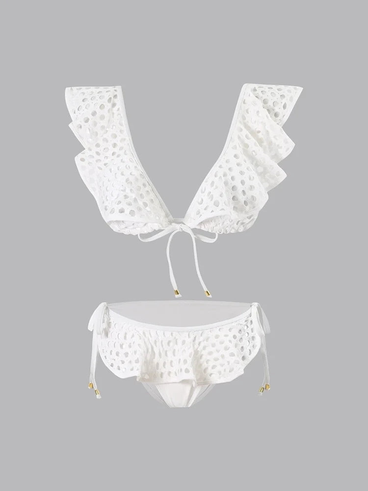 White Fishnet Ruffle Swimsuit Set