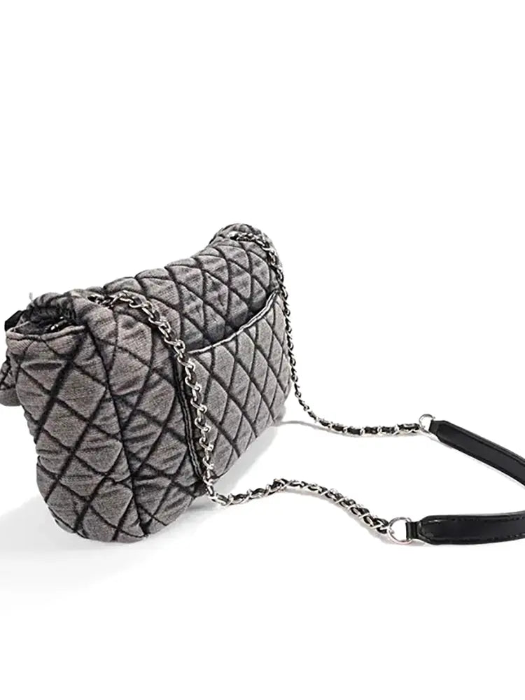 Washed Denim Quilted Chain Shoulder Bag