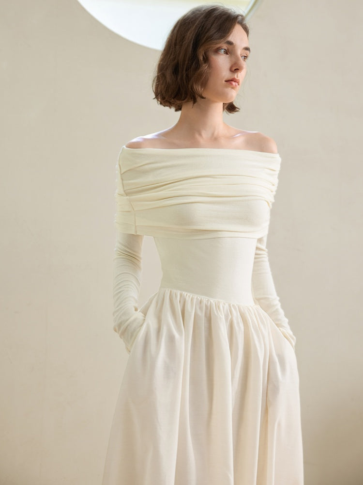 Off-Shoulder Hepburn Style  Midi Dress