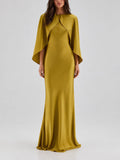 Olive Satin Cape Sleeve Cowl Back Maxi Dress