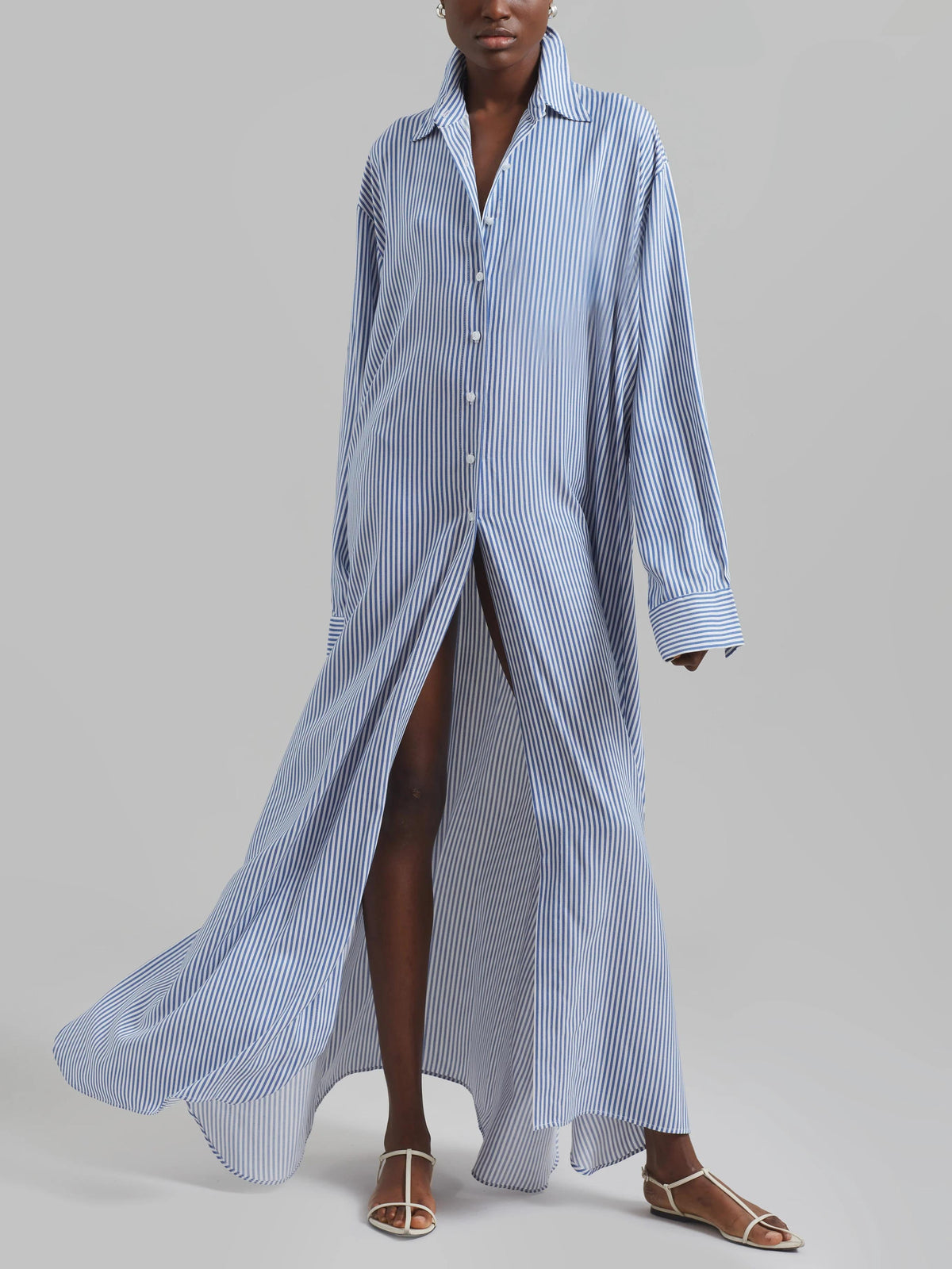 Avery Fluid Shirt Dress - White/Blue Stripe