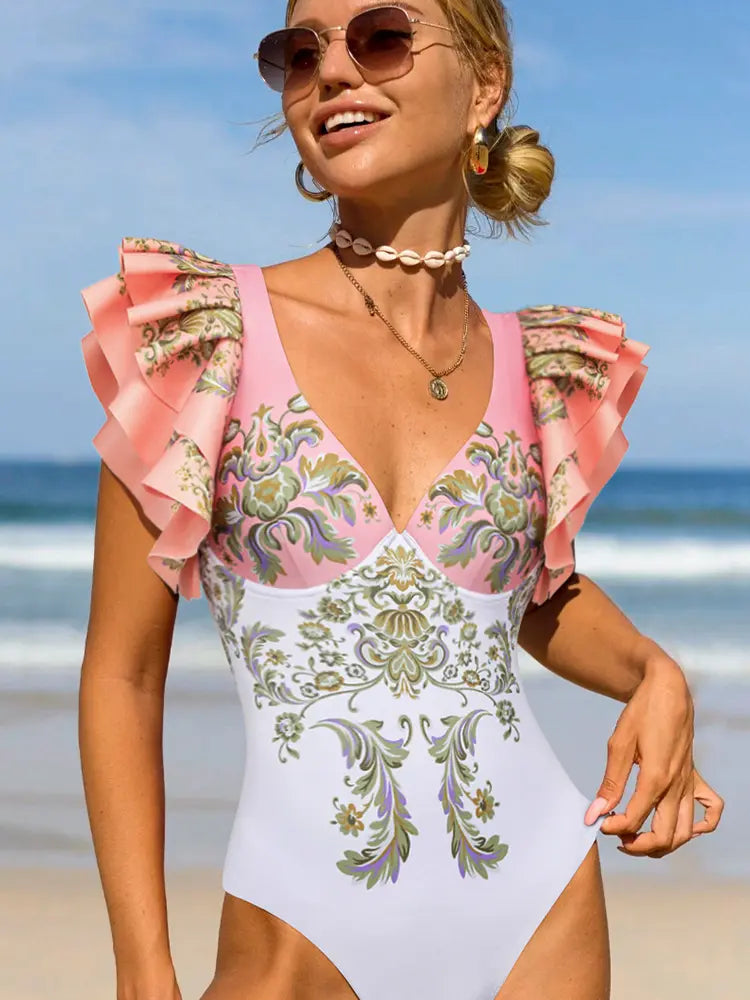 V Neck Ruffle Patchwork Ethnic Print Swimsuit