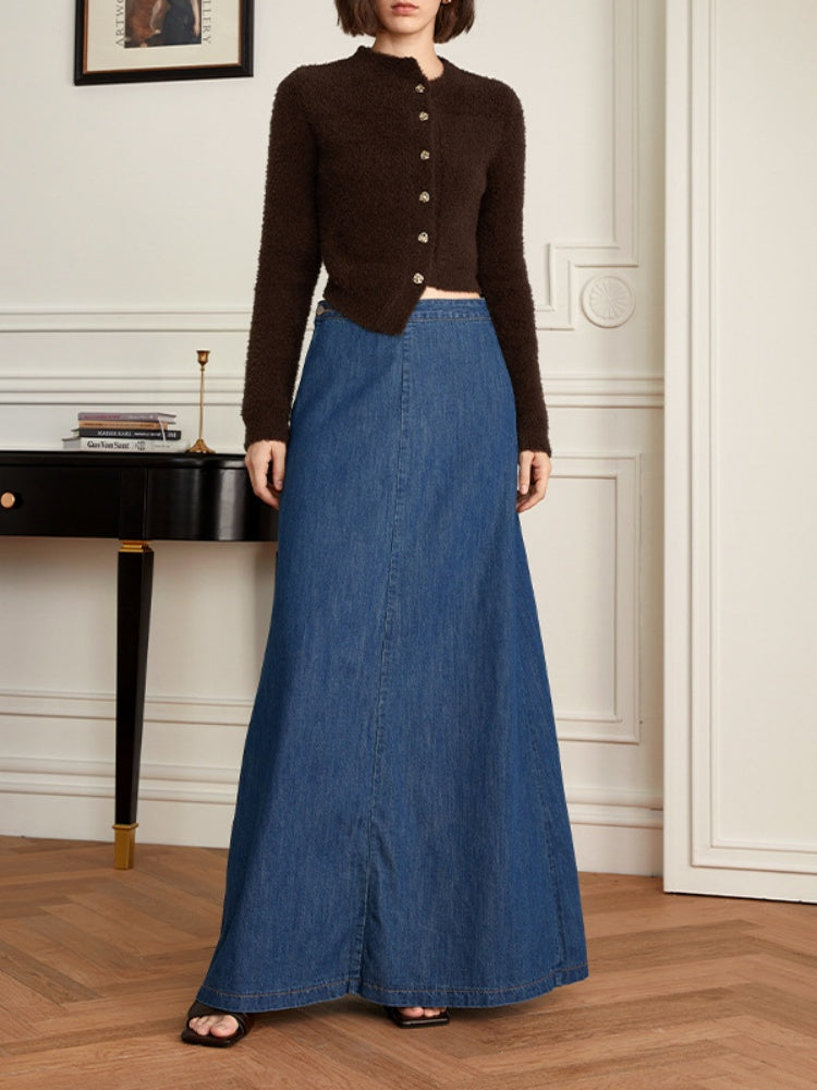 High-Waist A-Line Flared Denim Skirt