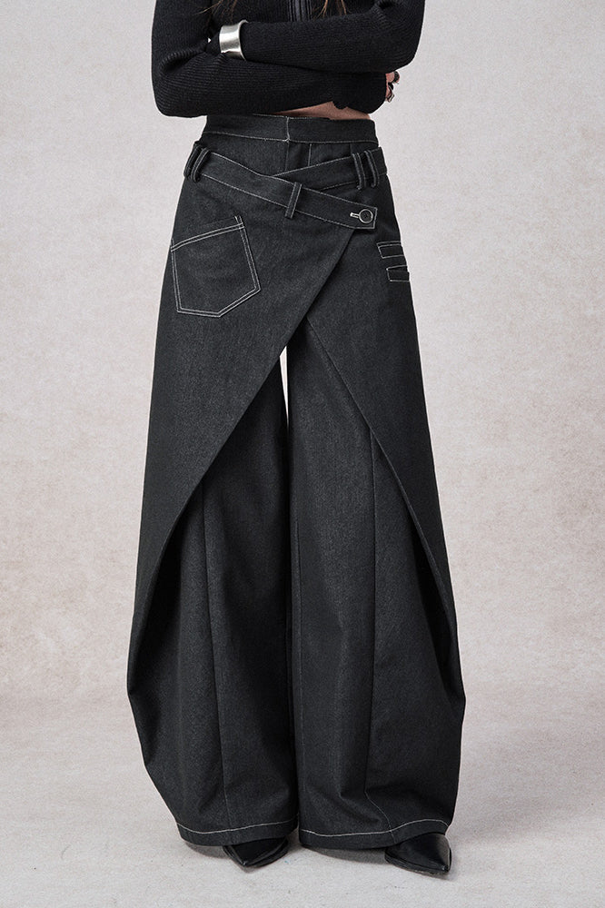 Swinging Symphony Fake Two-Piece Wide-Leg Jeans