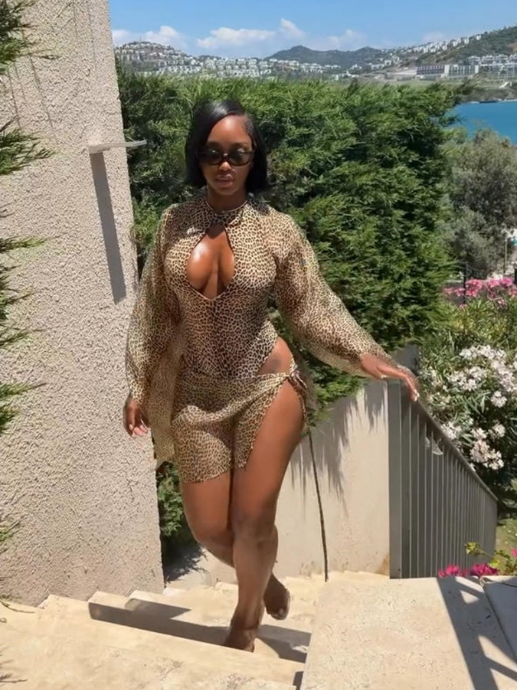 Double-Faced Leopard Mesh Swimsuit Set
