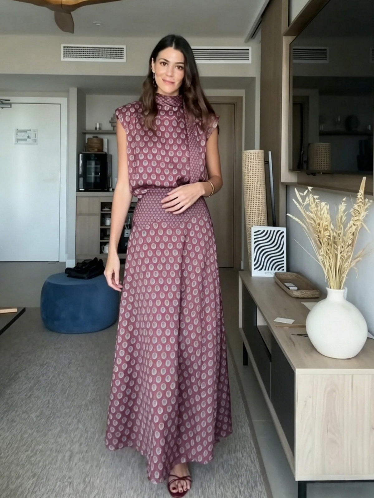 Retro Print Scarf Neck Top & Flowing Maxi Skirt Two-Piece Set
