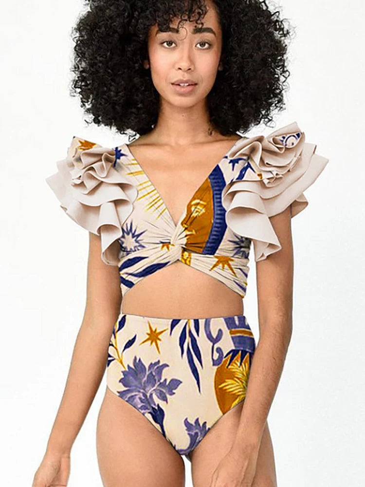 Ruffled Ethnic Print Bikini Set for Women