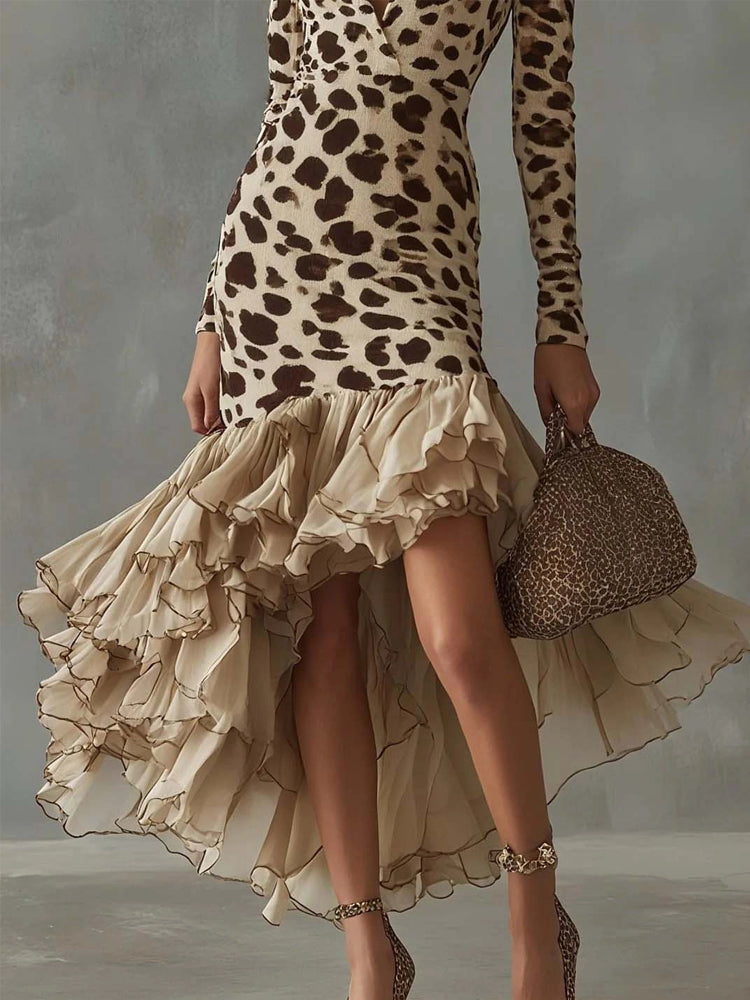 Ruffled V-Neck Printed Maxi Dress